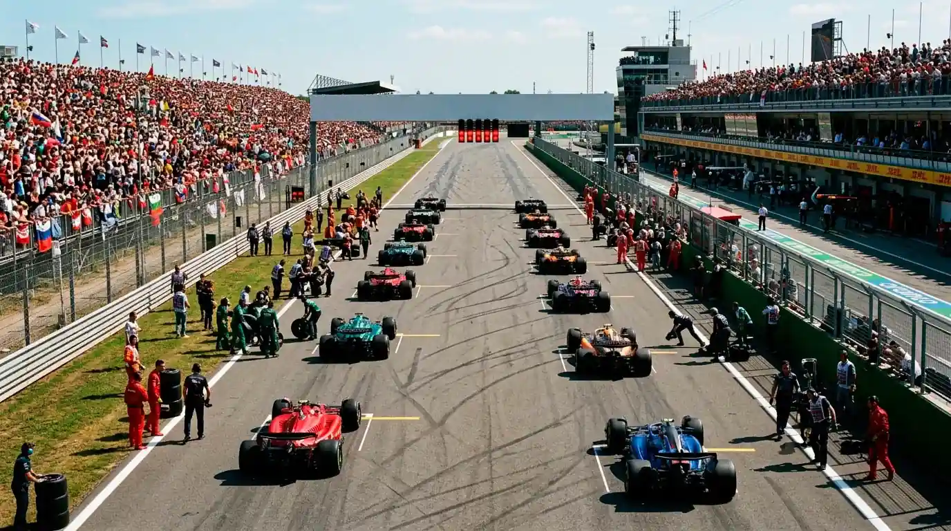 Formula 1 cars racing wheel to wheel through a high-speed corner during a Grand Prix