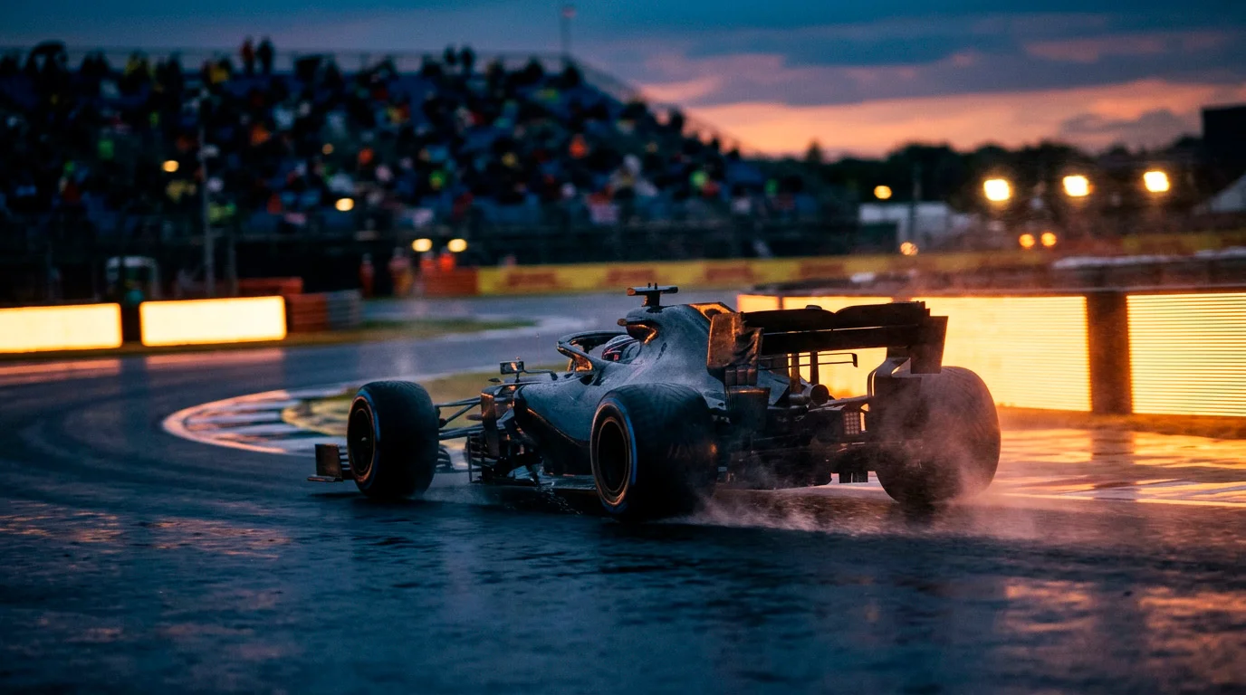 Formula 1 race weekend data dashboard overlaid on a circuit layout